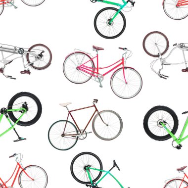 Seamless pattern of different bicycles isolated on a white clipart