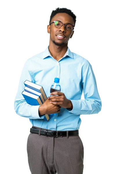 Feliz estudante universitário afro-americano em pé com livros e b — Fotografia de Stock
