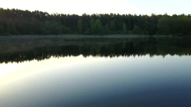 Flying over the meadow and misty lake at dawn - aerial videotaping — Stock Video