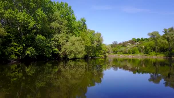 Полет над рекой Сейм, Украина в окружении деревьев - воздушная видеосъемка — стоковое видео