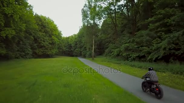 Ağaçlarla çevrili bir yol üzerinde bir motosiklet sürme motorcu — Stok video