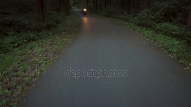 Ποδηλάτης ιππασίας μια μοτοσικλέτα σε ένα δρόμο που περιβάλλεται από δέντρα — Αρχείο Βίντεο