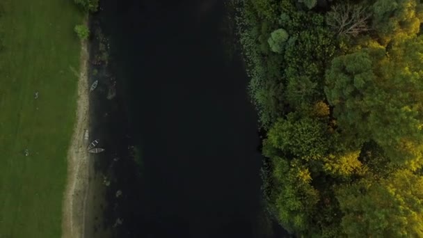 Vuelo sobre el río Seim, Ucrania rodeado de árboles, vista desde la cima - grabación aérea — Vídeos de Stock