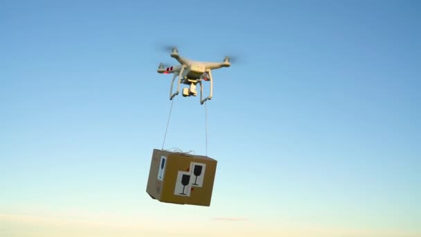 Drone entrega de paquete en el fondo del cielo — Vídeo de stock