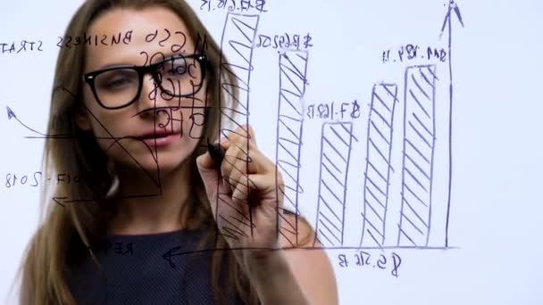 Γυναίκα αντλεί διάφορα διαγράμματα ανάπτυξης, υπολογίζοντας τις προοπτικές για την επιτυχία σε μια υπηρεσία Σύγχρονη γυαλί — Αρχείο Βίντεο