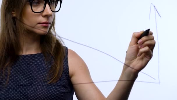 Женщина рисует различные диаграммы роста, рассчитывая перспективы успеха в современном стеклянном офисе — стоковое видео