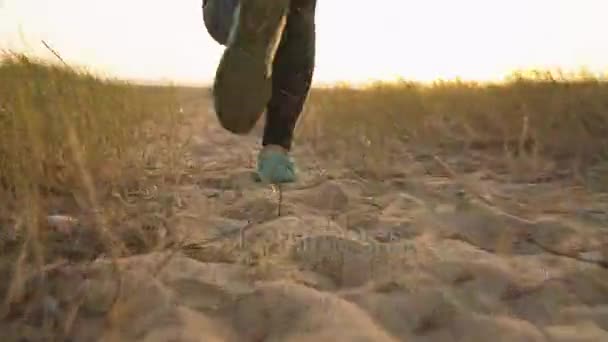 Женские ноги бегут вдоль песчаного пляжа к океану — стоковое видео