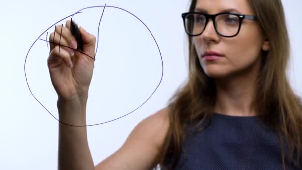 Mujer dibuja varias tablas de crecimiento, el cálculo de las perspectivas de éxito en una oficina de vidrio moderno — Vídeos de Stock