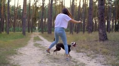 Gün batımında köpeğini ormana oynamaktan kız