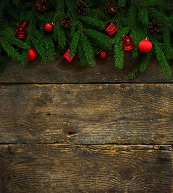 Noel ağacı dalları ile koni ve Noel süsleri 