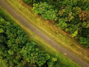 Orman tarafından çevrili bir demiryolu hava fotoğrafı
