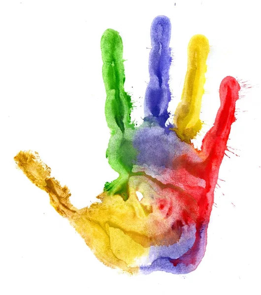 Крупный план цветного отпечатка руки на белом фоне — стоковое фото
