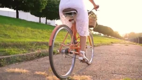 Joven hermosa mujer montando una bicicleta al atardecer — Vídeos de Stock