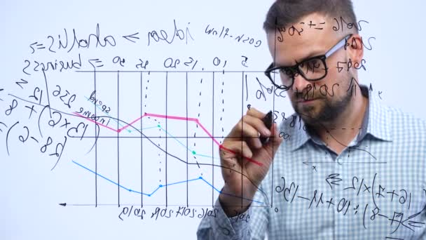 L'uomo disegna vari grafici di crescita, calcolando le prospettive di successo in un moderno ufficio di vetro — Video Stock