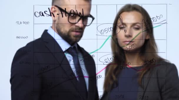 Uomo e donna discutono la strategia di business per il successo in un moderno ufficio di vetro — Video Stock