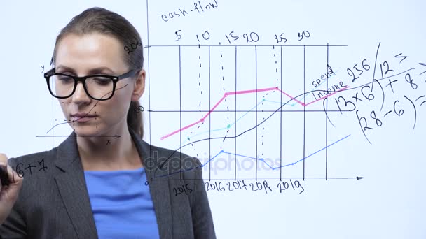 Mujer dibuja varias tablas de crecimiento, el cálculo de las perspectivas de éxito en una oficina de vidrio moderno — Vídeo de stock