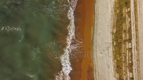 Bovenaanzicht van een verlaten strand in de buurt van de klif. Griekse kust van de Ionische zee — Stockvideo