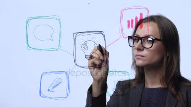 Bir modern cam ofis başarı için umutları hesaplama çeşitli büyüme çizelgeleri, kadın çizer