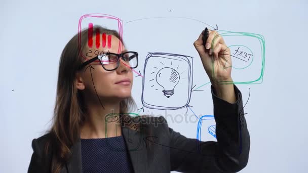 Vrouw trekt diverse groei grafieken, berekening van kansen op succes in een moderne glas-kantoor — Stockvideo