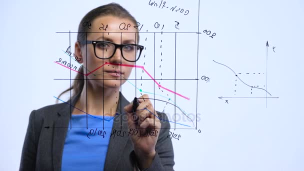 Mujer dibuja varias tablas de crecimiento, el cálculo de las perspectivas de éxito en una oficina de vidrio moderno — Vídeo de stock