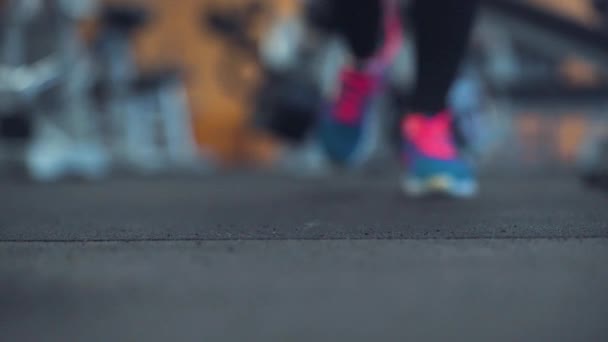 Бегущая обувь - женщина вяжет ботинки в спортзале — стоковое видео