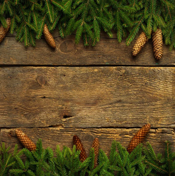 Gałęzi choinki z szyszki na drewniane tekstury gotowe do y — Zdjęcie stockowe
