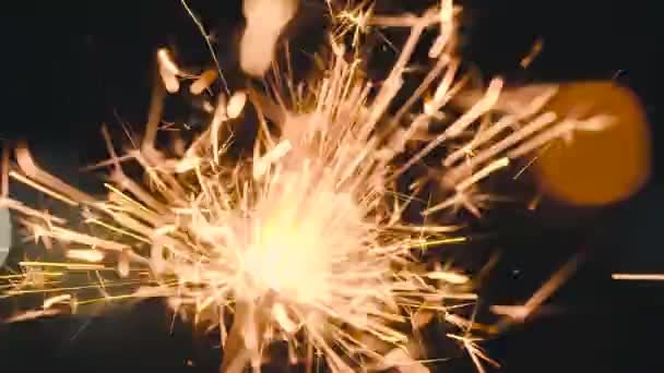 Christmas sparkler burning on a black. Slow motion — Stock Video