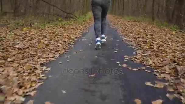 Primer plano de la mujer con auriculares y smartphone corriendo a través de un bosque otoñal al atardecer — Vídeos de Stock