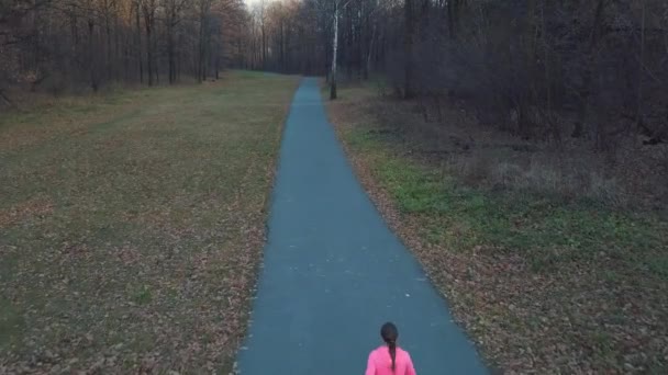 Vista aérea de la mujer corriendo a través de un bosque otoñal al atardecer — Vídeos de Stock