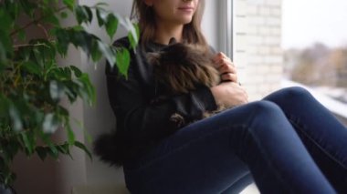 Mutlu kadın pencere pervazına bir kedi ile onun kucağına oturur ve onu kabarık kürk vuruş