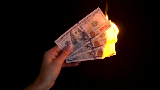 Burning dollars in a hand close-up on a black background. Slow motion — Stock Video