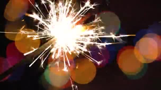 Christmas sparkler burning on a background of christmas tree with colorful bokeh and christmas lights — Stock Video