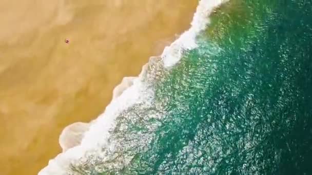 Vista superior de las siluetas de personas caminando descalzas a lo largo de la playa de arena húmeda océano. Costa portuguesa del Océano Atlántico — Vídeo de stock