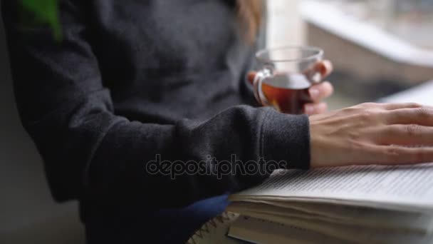 Hermosa joven sentada en el alféizar de la ventana con té y libro de lectura — Vídeos de Stock