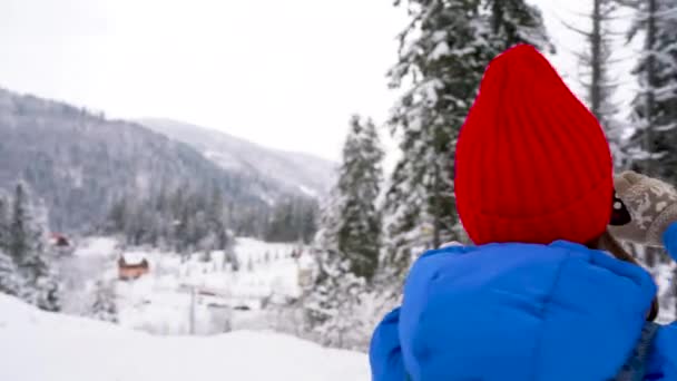 Mujer joven utiliza un teléfono inteligente para hacer una fotosde una hermosa vista en las montañas, Cárpatos — Vídeo de stock