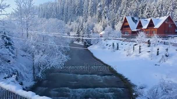 Flug über ein Mädchen, das im Winter an einer Brücke über einen Gebirgsfluss in der Nähe eines mit Nadelwald bedeckten Berges spaziert. klar, sonnig und frostig — Stockvideo
