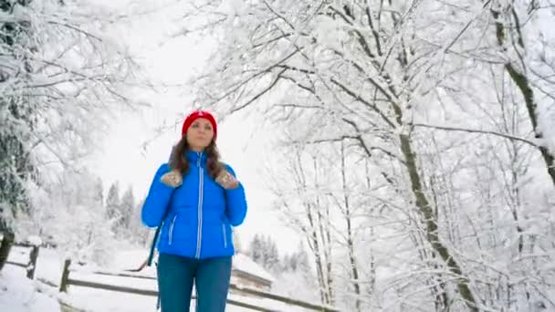 女性は、美しい冬の雪に覆われた風景の中でパスに沿って歩きます。晴れた冷ややかな天候 — ストック動画