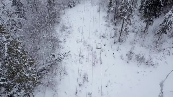 Vista aérea de la estación de esquí - telesilla y bosque de coníferas cubierto de nieve. Cárpatos, Ucrania — Vídeos de Stock