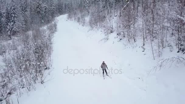 Vista desde las alturas hasta el esquiador descendiendo por la pista de esquí — Vídeo de stock