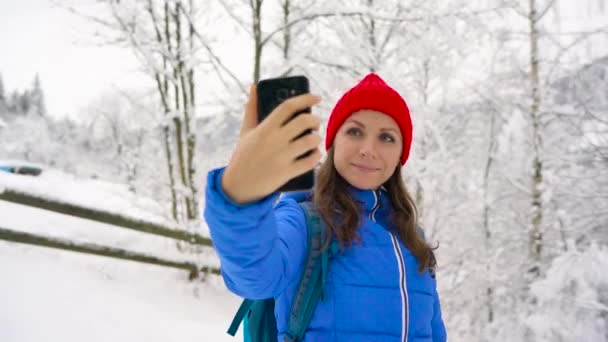 若い女性がカルパチア山地の美しい景色の背景を selfie 写真のスマート フォンを使用してください。 — ストック動画