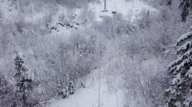 Kayak Merkezi - teleferik ve iğne yapraklı orman karla kaplı hava görünümünü. Karpatlar, Ukrayna