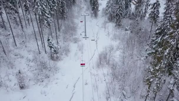 Vista aérea de la estación de esquí - telesilla y bosque de coníferas cubierto de nieve. Cárpatos, Ucrania — Vídeo de stock