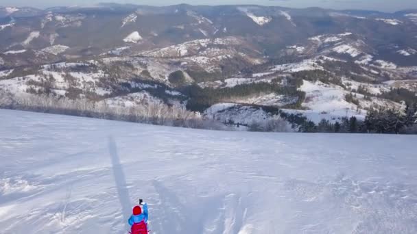 Flight over the lonely tourist girl takes a photo of nature on a smartphone. Clear frosty weather — Stock Video