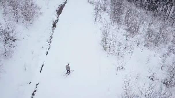 Vista desde las alturas hasta el esquiador descendiendo por la pista de esquí — Vídeos de Stock