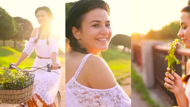 3 en 1 video. Joven hermosa mujer montando una bicicleta al atardecer. Montaje vertical de vídeo . — Vídeo de stock