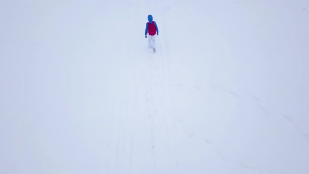 Vlucht over het meisje van de eenzame toeristische wandeling langs de top van een berg bedekt met sneeuw. Ongemakkelijk onvriendelijke winterweer. — Stockvideo