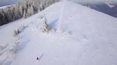Uçuş bir dağın tepesine yürüyüş yalnız turist kız yüzünden karla kaplı. Açık soğuk hava