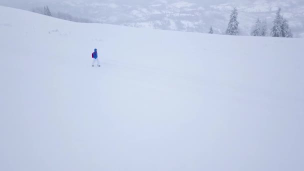 Πτήση πάνω από το κορίτσι μοναχικό τουριστικές περπατώντας στην κορυφή του ένα βουνό καλυμμένο με χιόνι. Χιονισμένο ψυχρός καιρός — Αρχείο Βίντεο