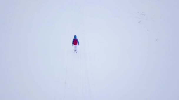 Flight over the lonely tourist girl walking along the top of a mountain covered with snow. Snowy frosty weather — Stock Video