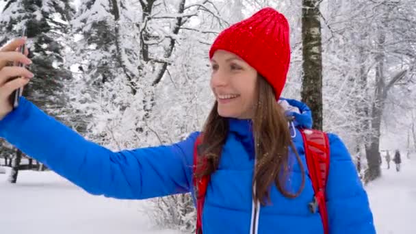 若い女性は、美しい冬の雪に覆われた風景のセルフ写真のためスマート フォンを使用してください。 — ストック動画